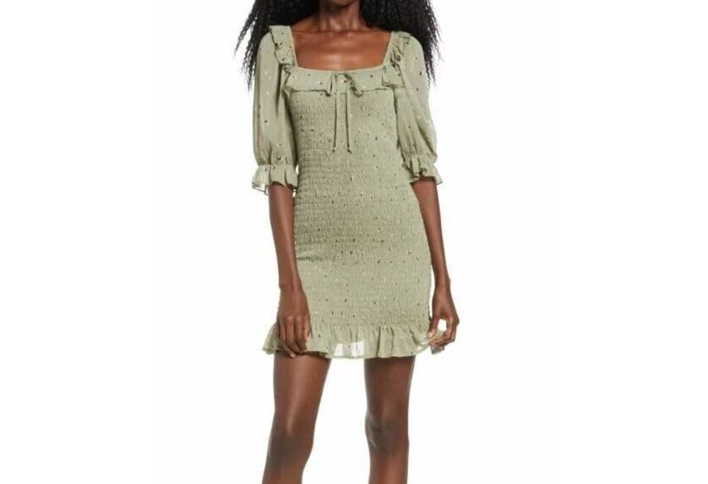 Row A Square Neck Mini Dress Size Medium Sage Green NEW Smocked Ruffled Sheath